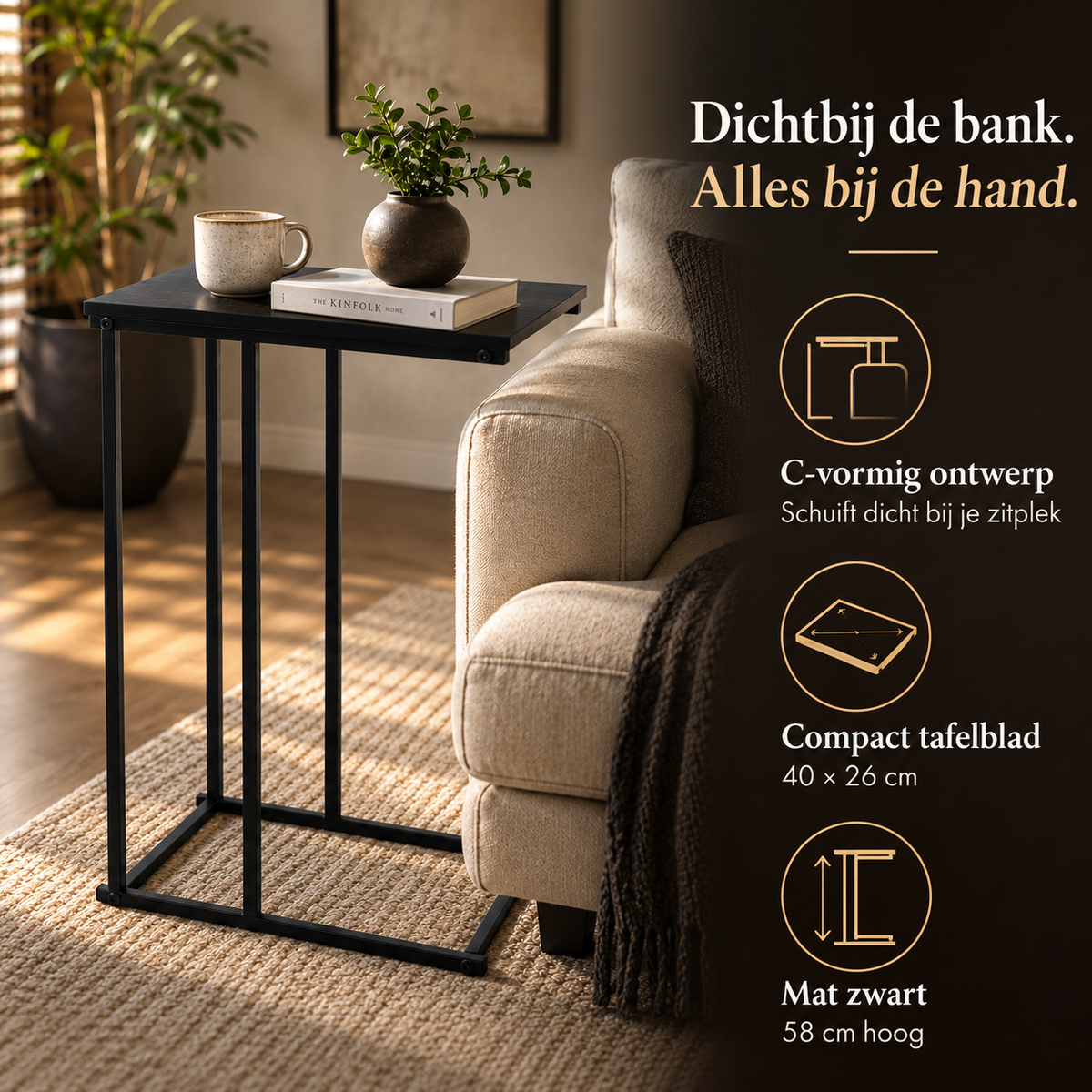 Bijzettafel voor bank C-vormig mat zwart – kenmerken