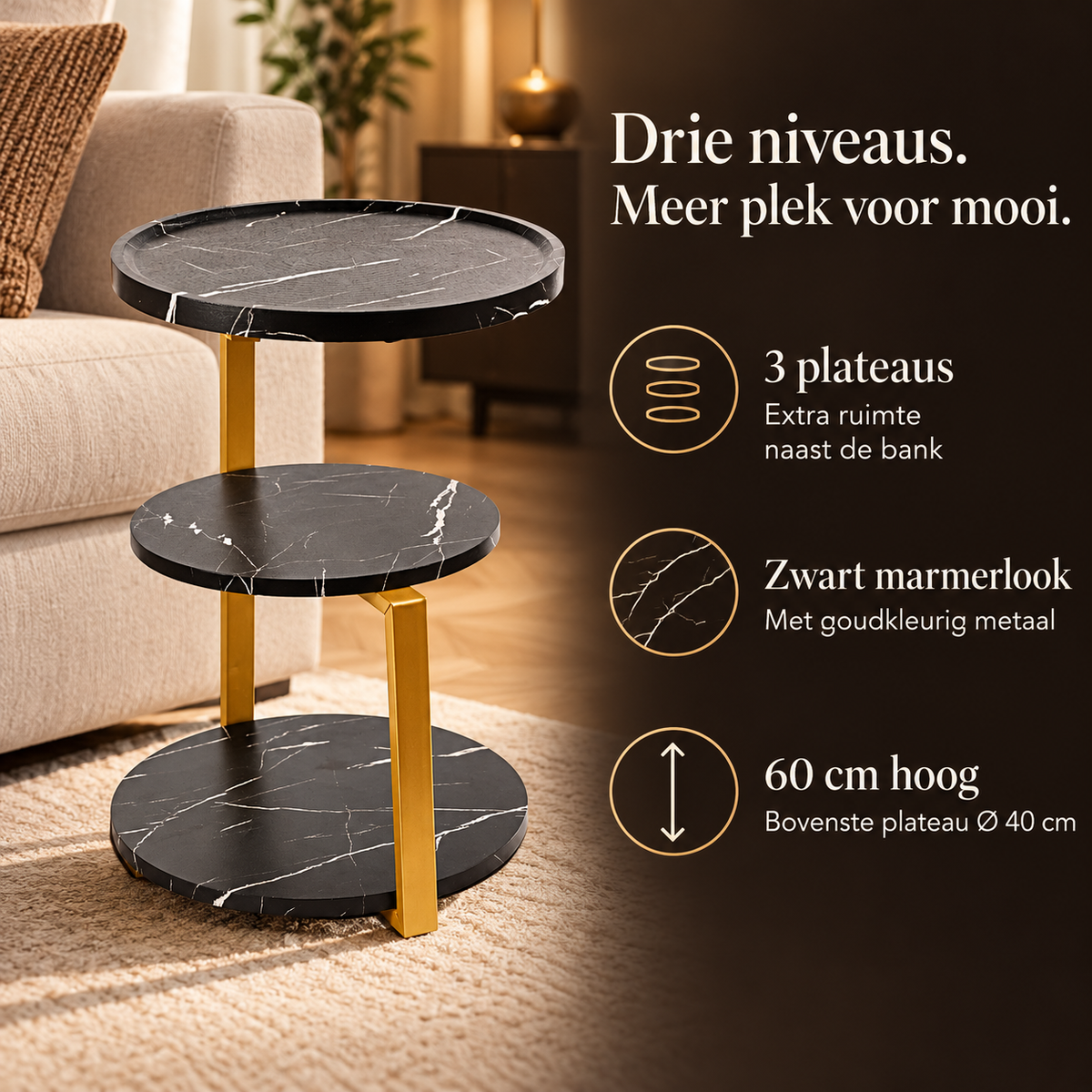 Ronde bijzettafel zwart marmerlook en goud – kenmerken