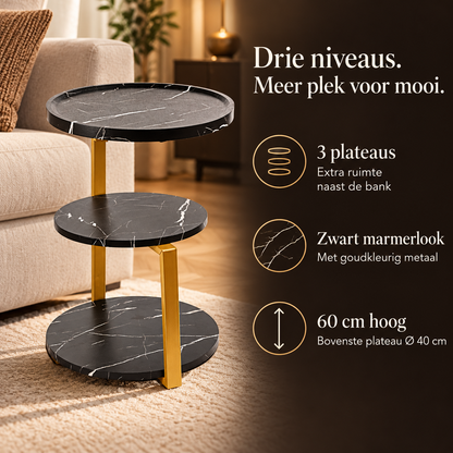 Ronde bijzettafel zwart marmerlook en goud – kenmerken