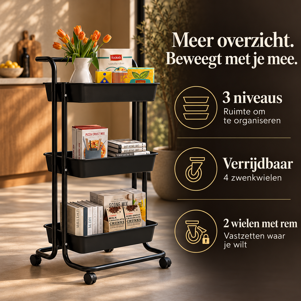 Keukentrolley op wieltjes 3 niveaus mat zwart – kenmerken