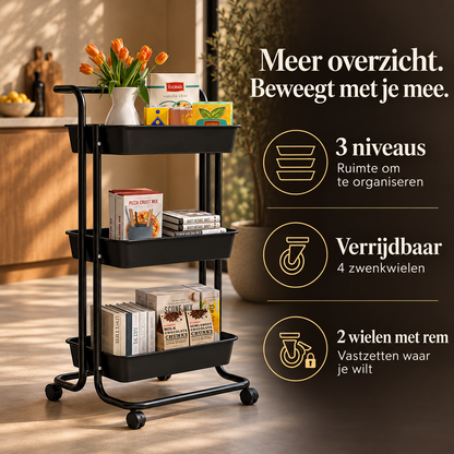 Keukentrolley op wieltjes 3 niveaus mat zwart – kenmerken