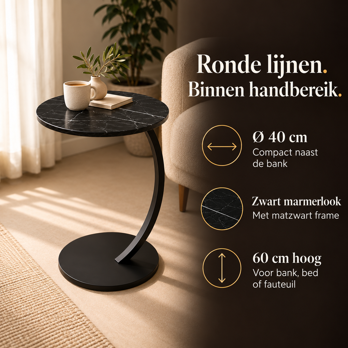 Ronde bijzettafel zwart marmerlook Ø 40 cm – kenmerken