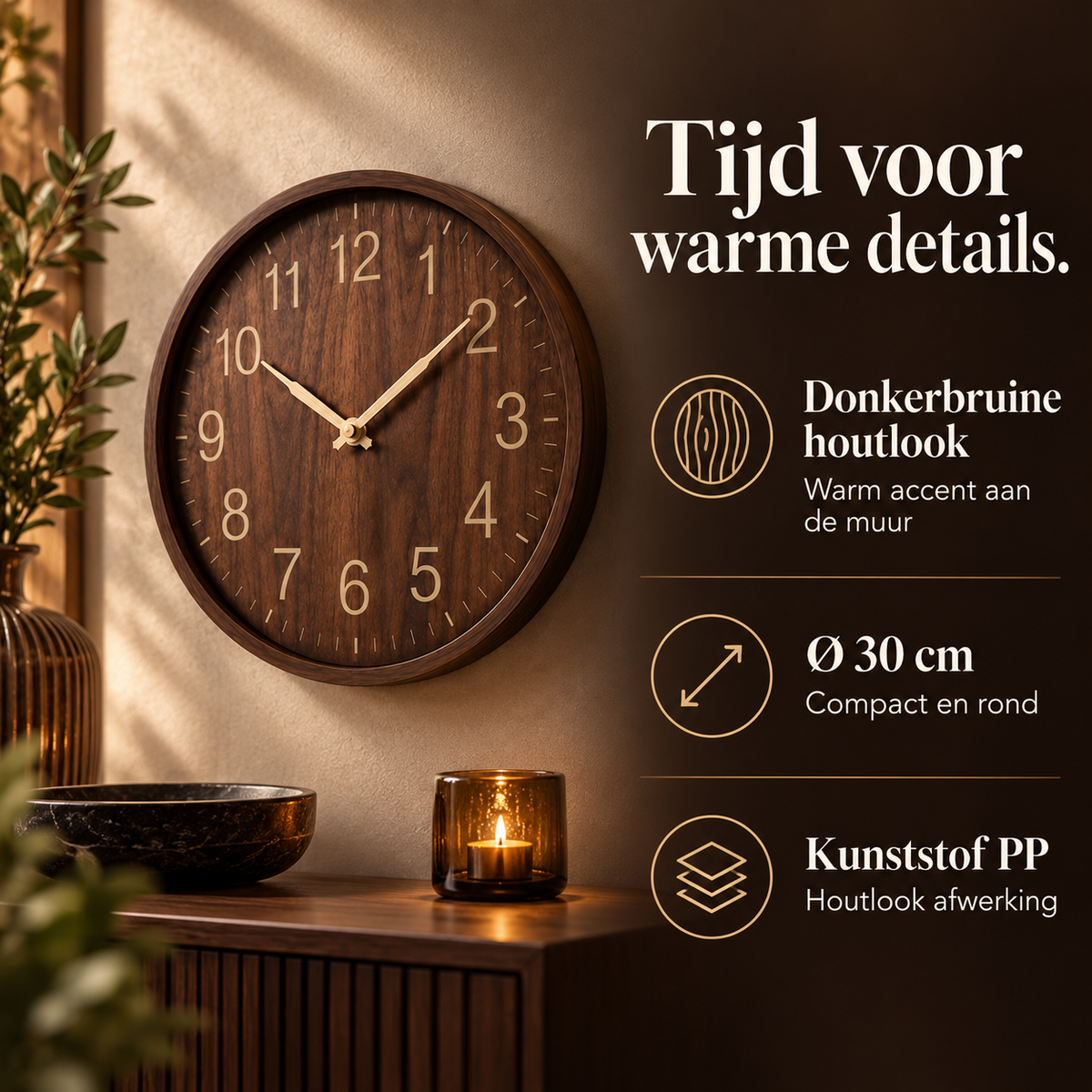 Wandklok houtlook donkerbruin – kenmerken