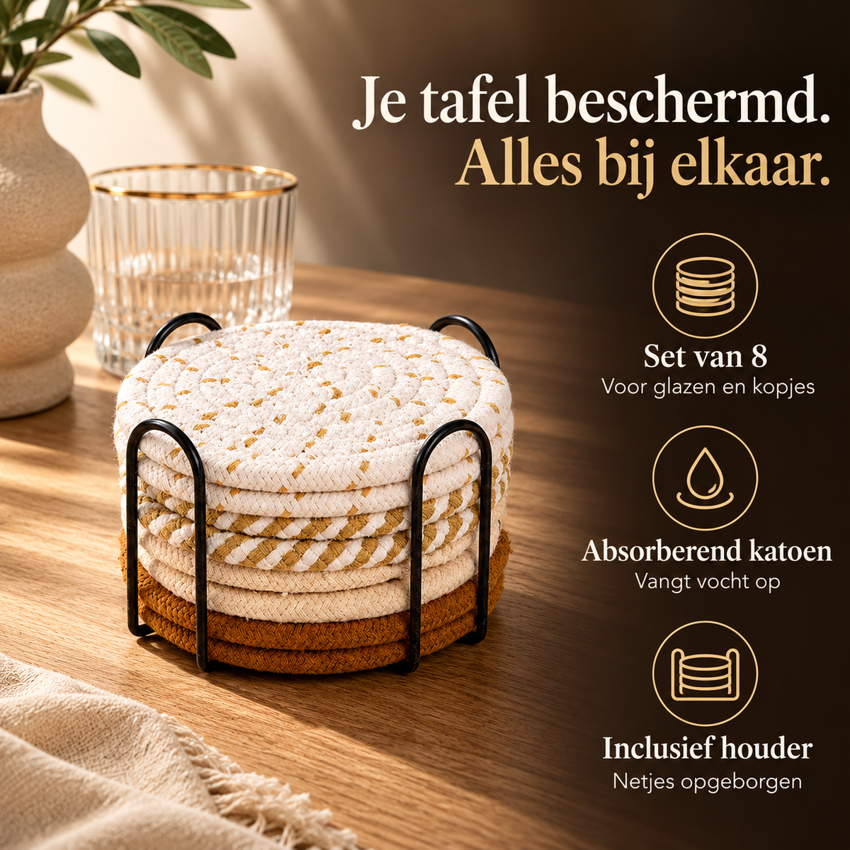 Onderzetters crème set van 8 met houder – kenmerken