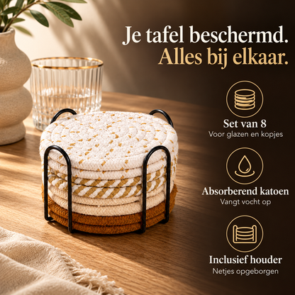 Onderzetters crème set van 8 met houder – kenmerken