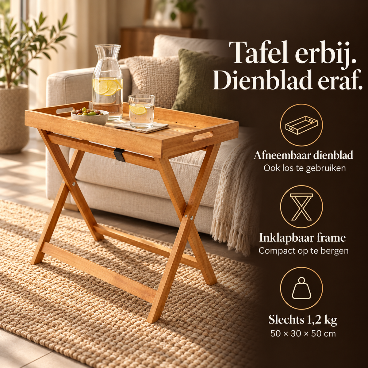 Inklapbare bijzettafel hout met dienblad – kenmerken