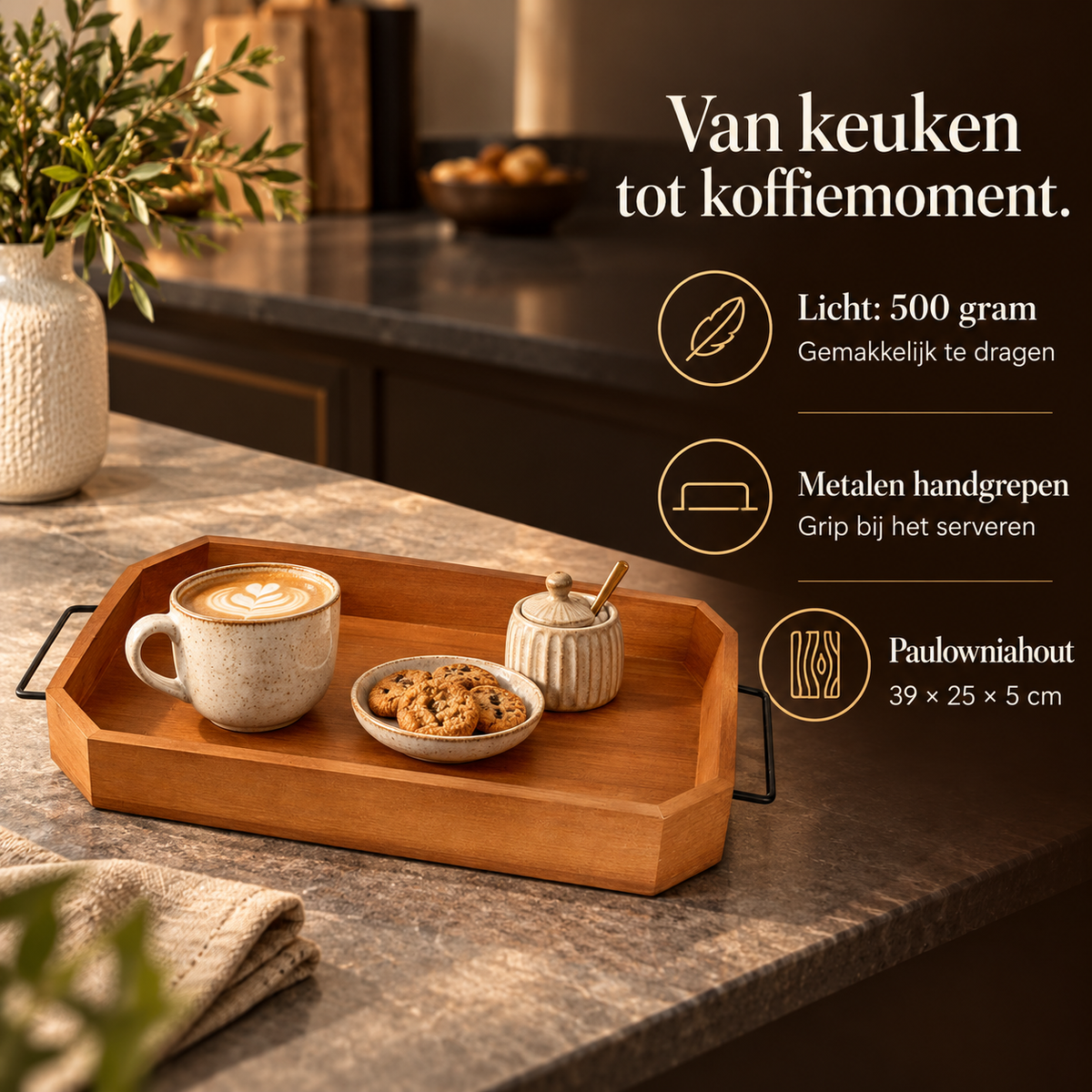 Dienblad Paulownia met Metalen Handgrepen – 39 × 25 cm – voordelen en productkenmerken in een passende omgeving