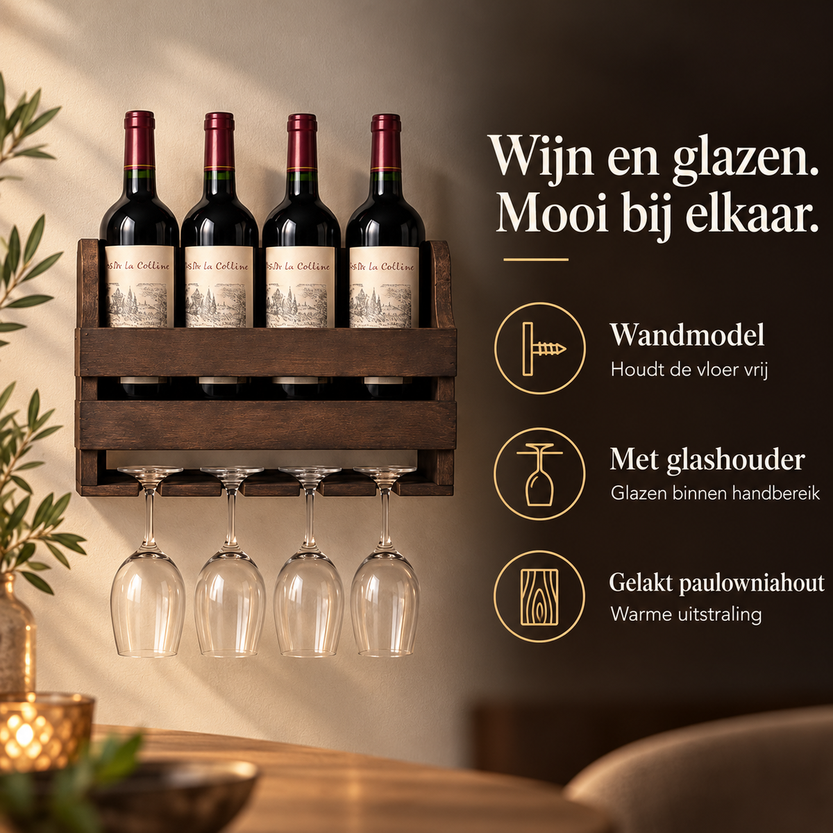 Wijnrek Wandmodel met Glashouder – Hout, 4 Flessen – voordelen en productkenmerken in een passende omgeving