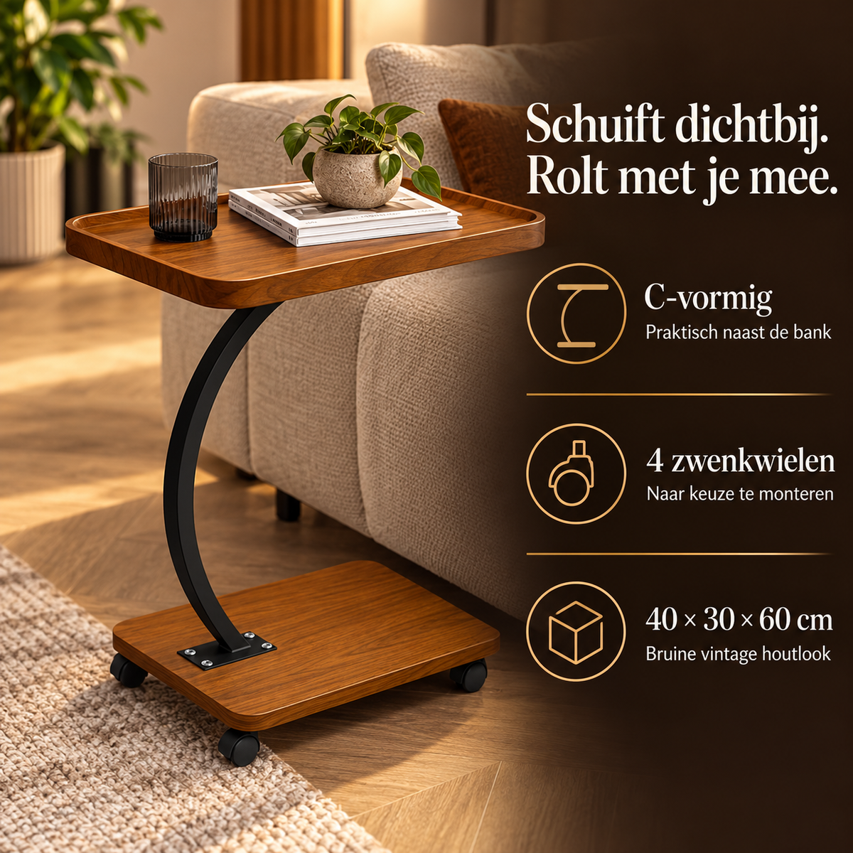 Bijzettafel met Wieltjes – C-vormig, Bruin – voordelen en productkenmerken in een passende omgeving