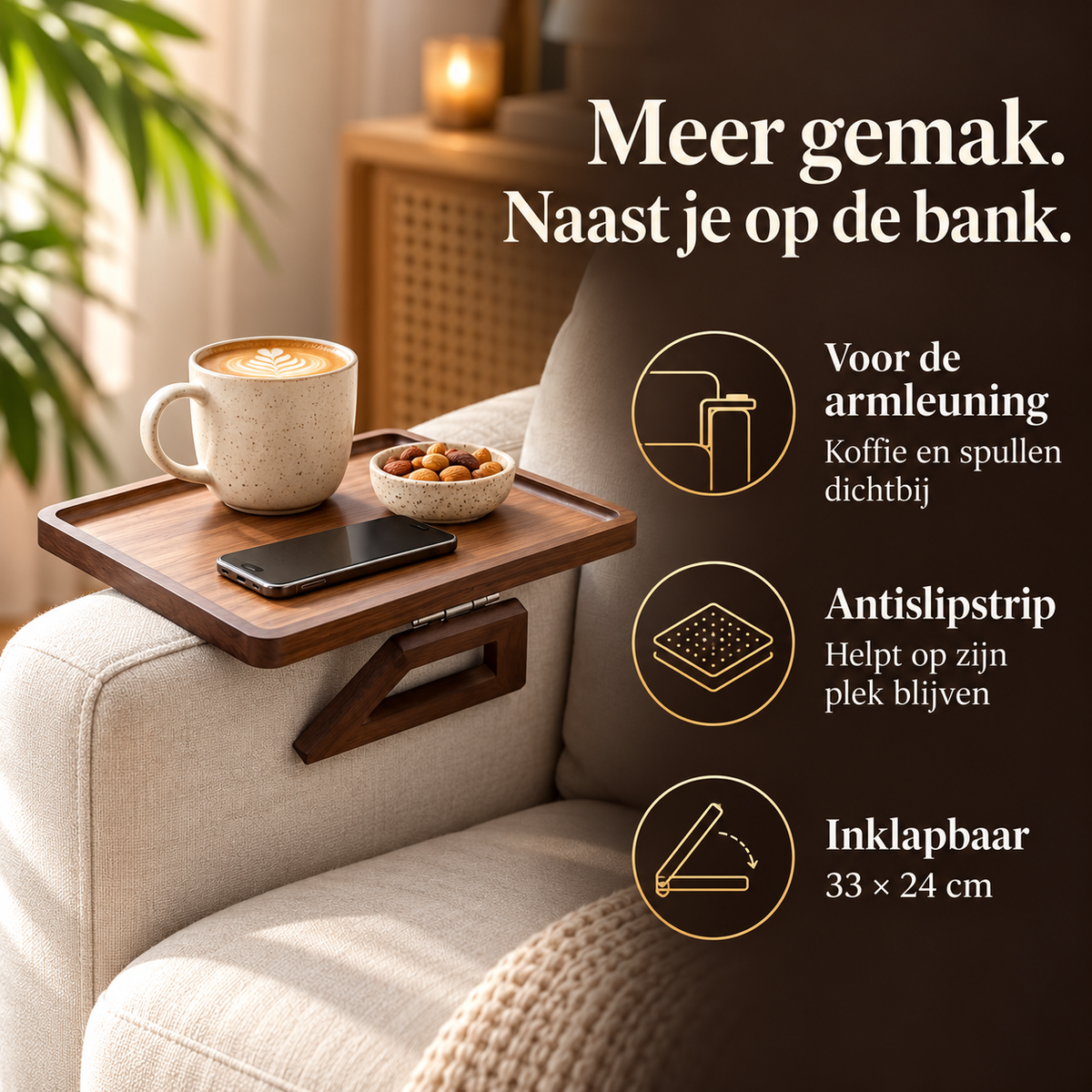 Armleuning Dienblad Bamboe – Bruine Houtlook, Inklapbaar – voordelen en productkenmerken in een passende omgeving
