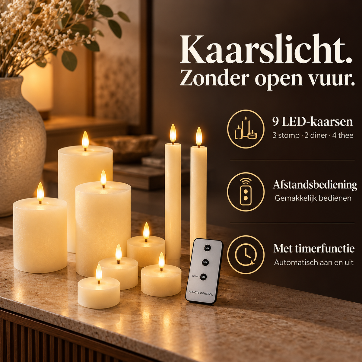 LED Kaarsenset met Afstandsbediening – 9-Delig – voordelen en productkenmerken in een passende omgeving