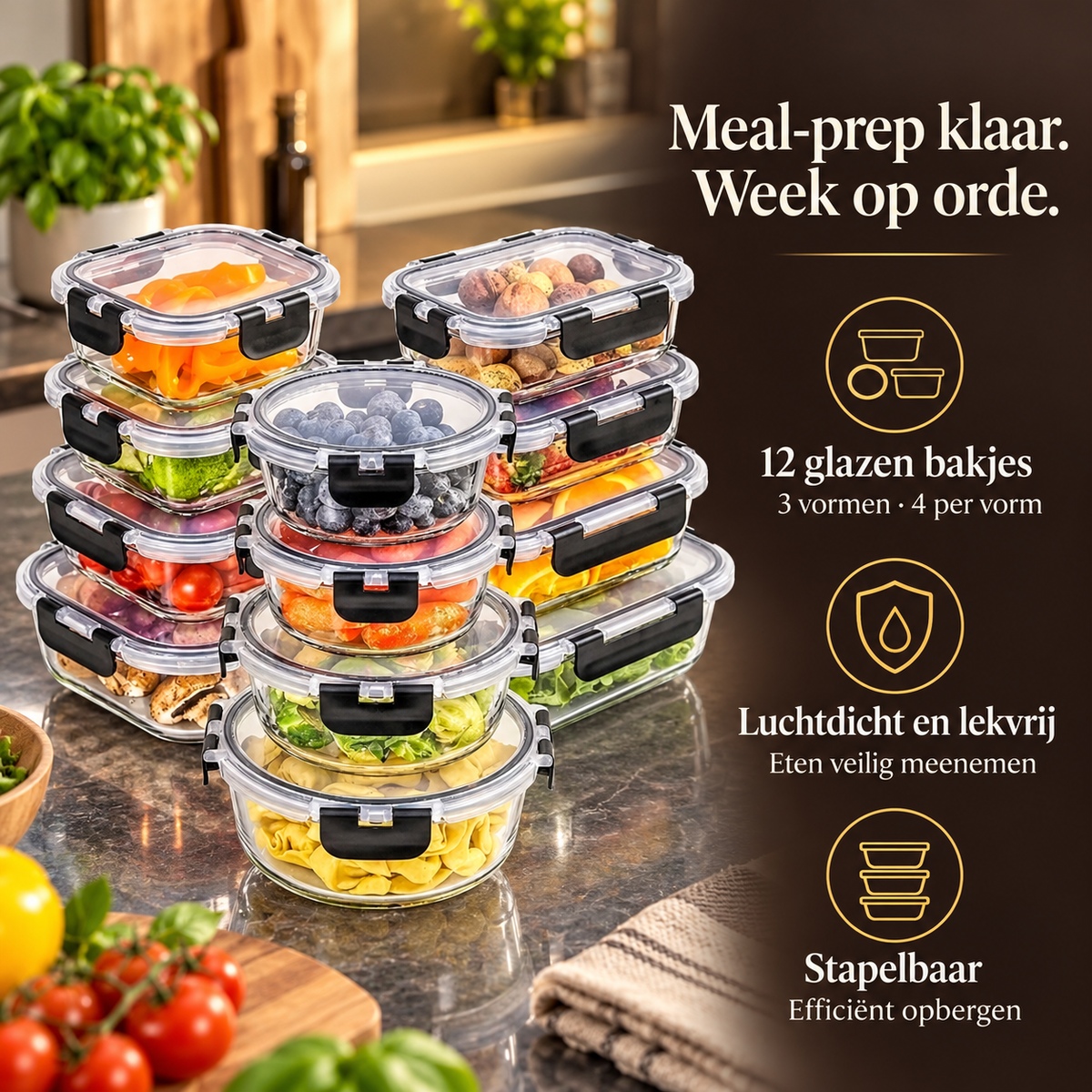 Glazen vershoudset met USP’s: 12 bakjes, drie vormen, luchtdicht en stapelbaar