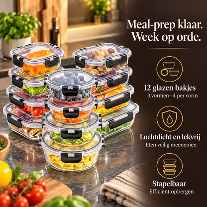 Glazen vershoudset met USP’s: 12 bakjes, drie vormen, luchtdicht en stapelbaar