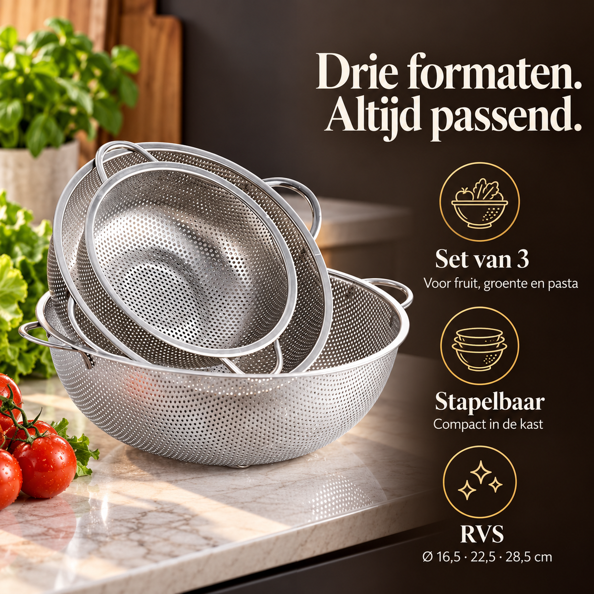 Vergietset RVS - Set van 3 - 3 Formaten – voordelen en productkenmerken in een passende omgeving