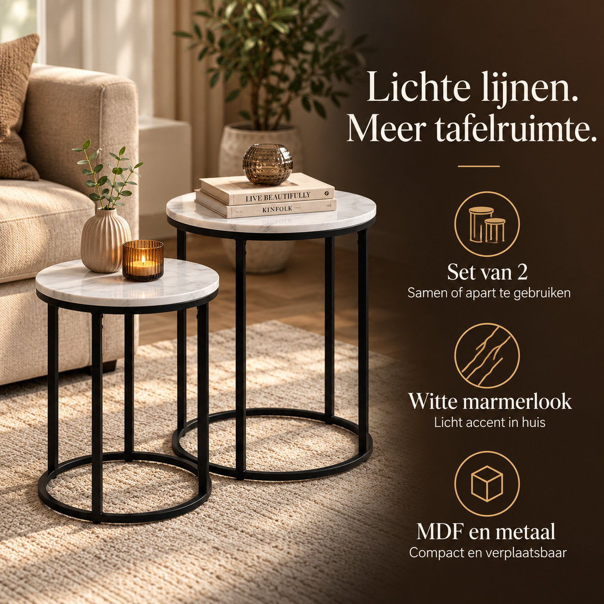 Bijzettafels Set van 2 – Rond, Wit Marmerlook – voordelen en productkenmerken in een passende omgeving