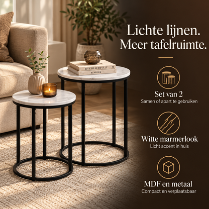 Bijzettafels Set van 2 – Rond, Wit Marmerlook – voordelen en productkenmerken in een passende omgeving