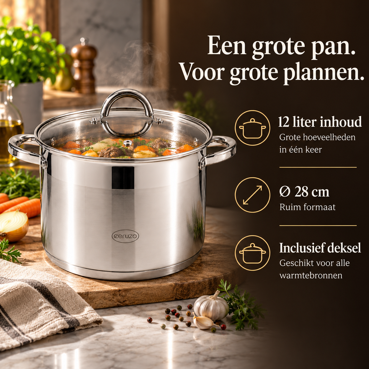 Soeppan RVS 12 Liter – Ø 28 cm met Deksel – voordelen en productkenmerken in een passende omgeving