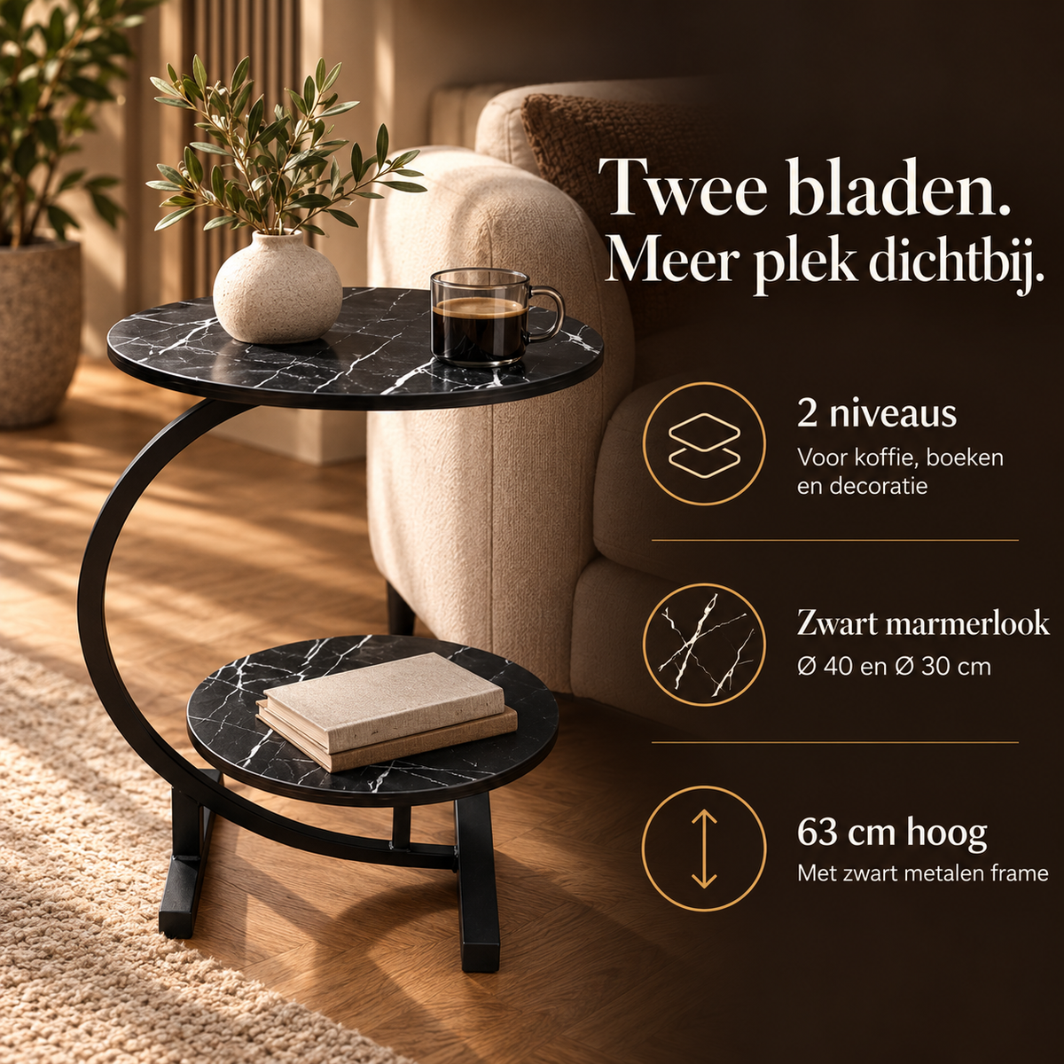 Bijzettafel – Zwart Marmerlook, 2 Bladen – voordelen en productkenmerken in een passende omgeving