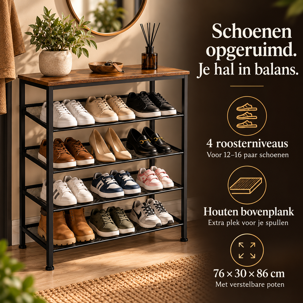 Schoenenrek - Hout en Metaal - 76x30x86 cm – voordelen en productkenmerken in een passende omgeving
