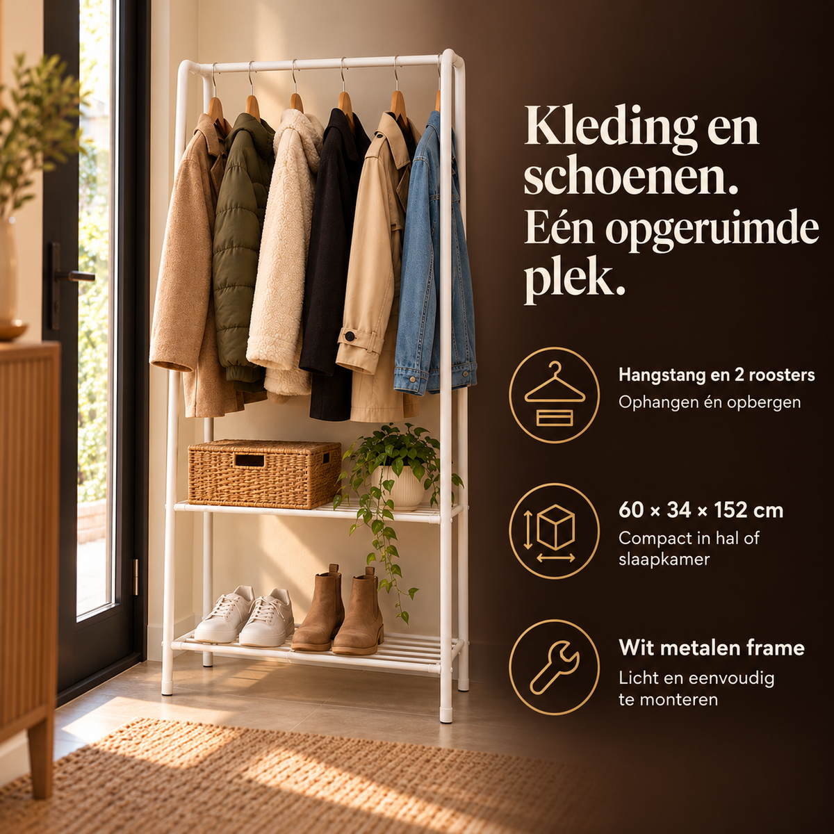 Kledingrek met Schoenenrek voor de Hal – Wit Metaal – 152 cm – voordelen en productkenmerken in een passende omgeving