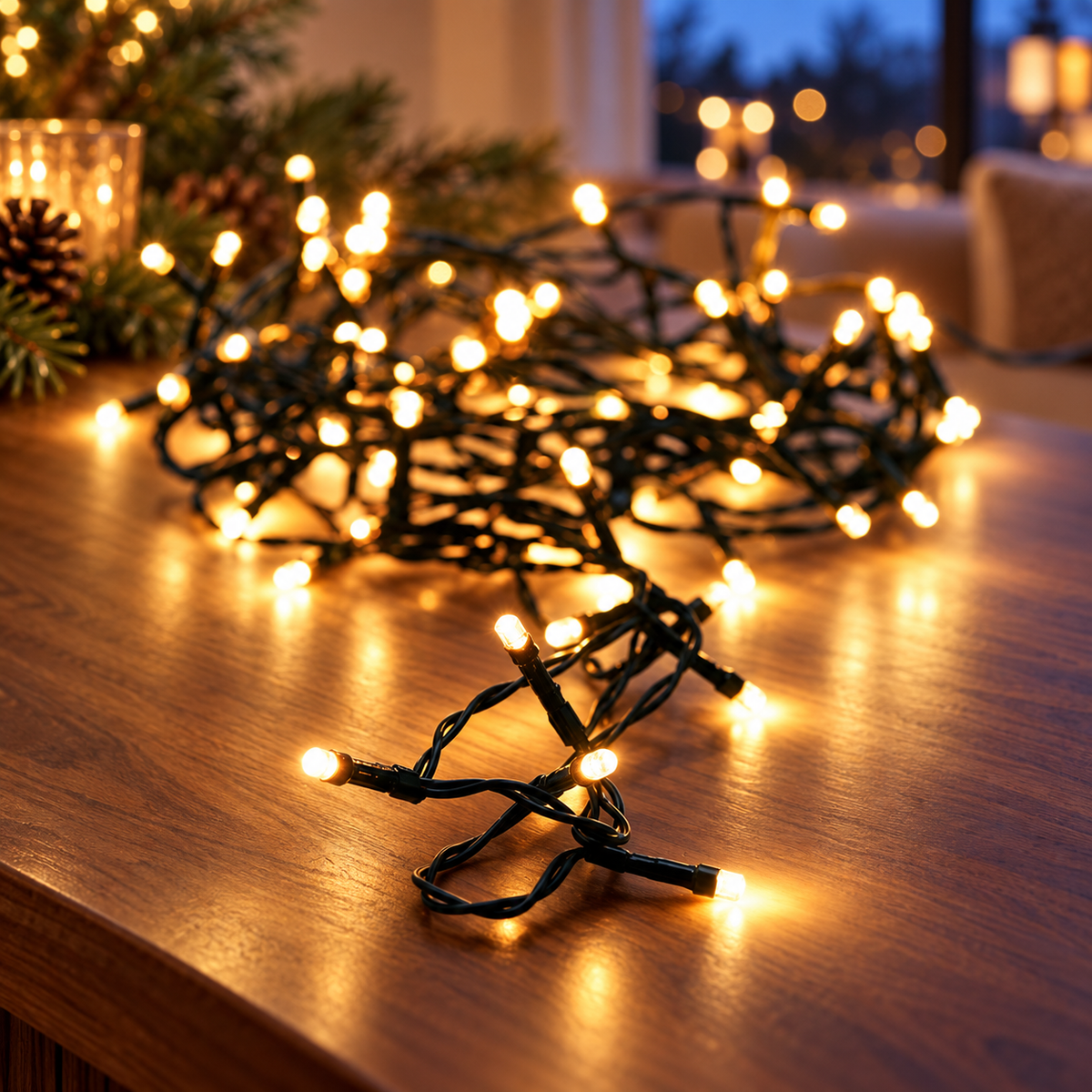 Kerstverlichting met 80 extra warmwitte LED-lampjes en groen snoer als tafeldecoratie op een houten kast