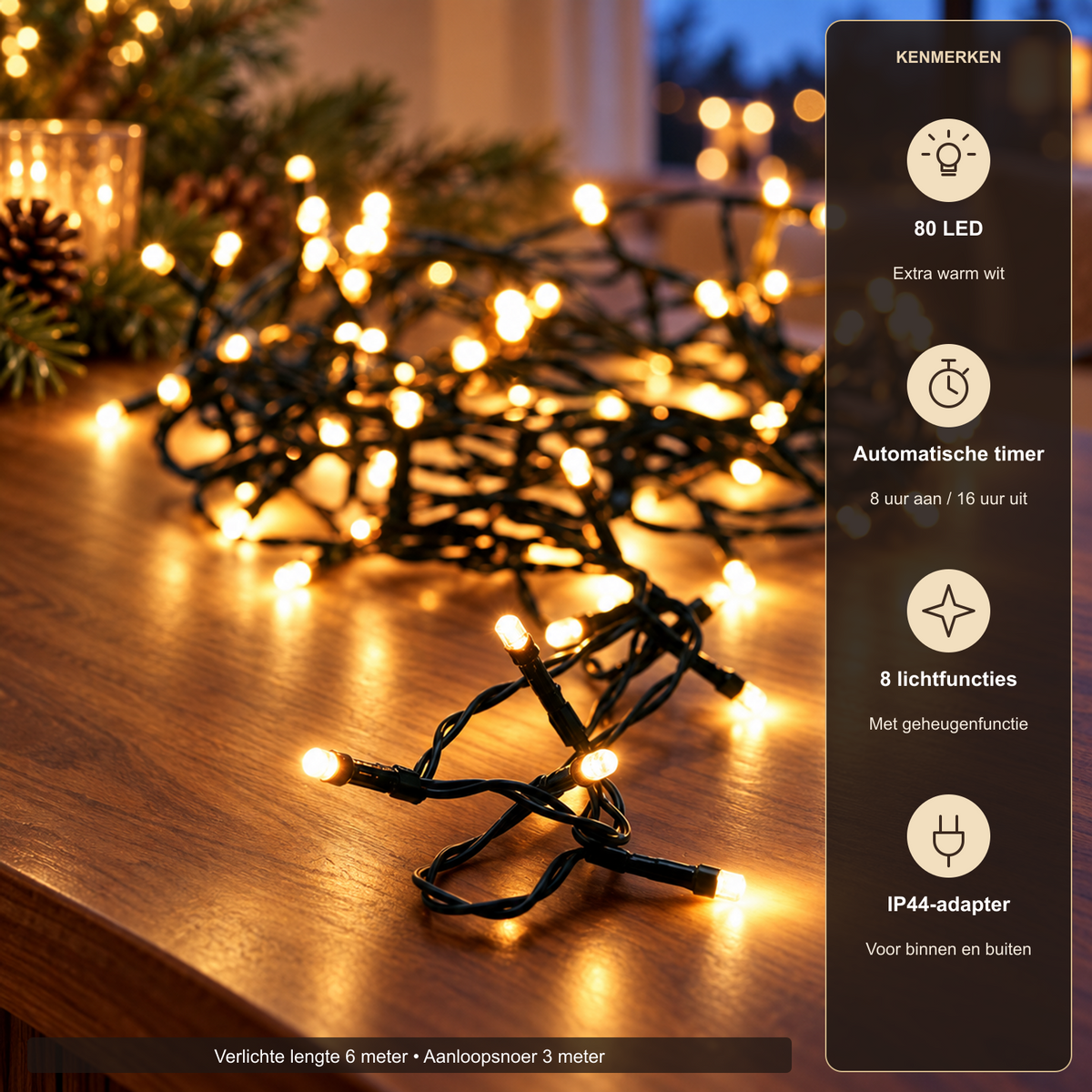 Kerstverlichting 80 LED – 6 m, Extra Warm Wit met Timer – overzicht met productkenmerken en officiële afmetingen
