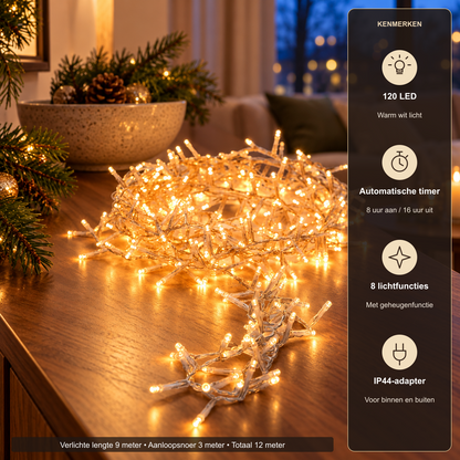 Kerstverlichting 120 LED – 9 m, Warm Wit met Timer – overzicht met productkenmerken en officiële afmetingen