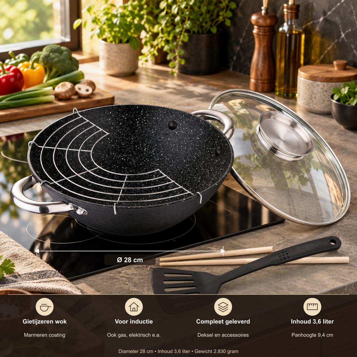 Ceruzo Gietijzeren Wok met Deksel – 28 cm, 3,6 L – overzicht met productkenmerken en officiële afmetingen