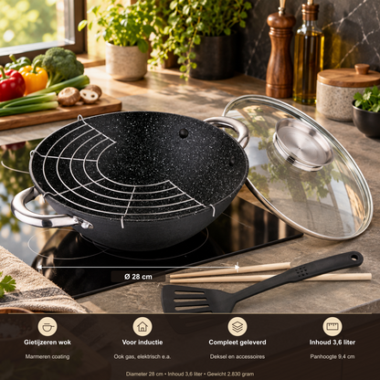 Ceruzo Gietijzeren Wok met Deksel – 28 cm, 3,6 L – overzicht met productkenmerken en officiële afmetingen