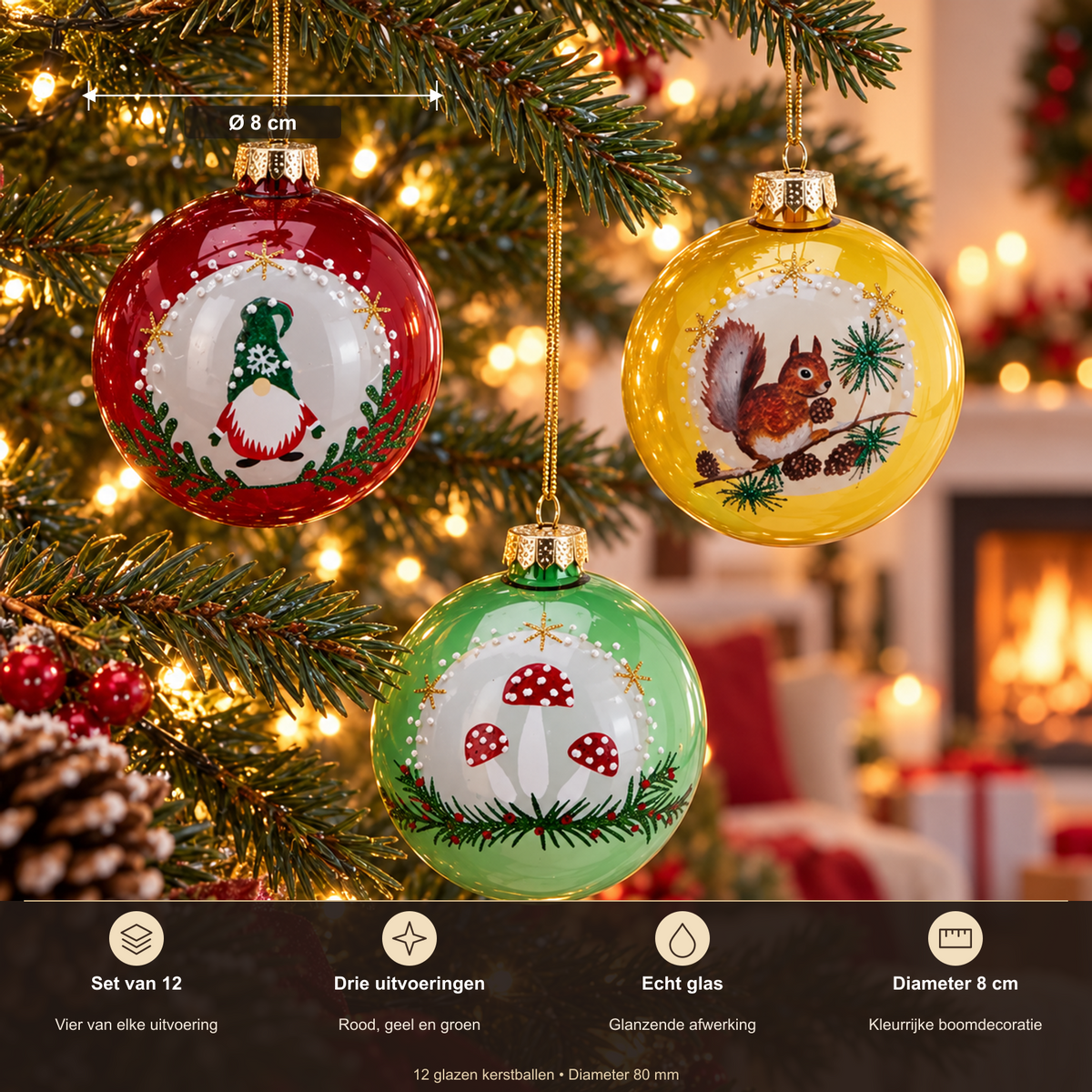 Glazen Kerstballen Traditional – Set van 12, 8 cm – overzicht met productkenmerken en officiële afmetingen