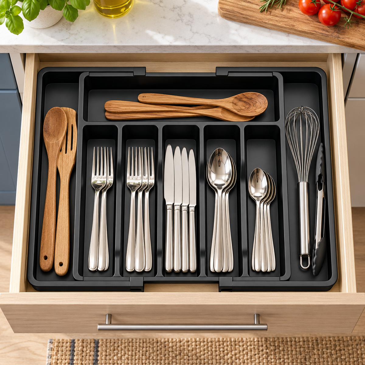 Verstelbare Bestekbak – 8 Vakken, 33–57 cm, Zwart in een passende omgeving met schaal gebaseerd op de productspecificaties