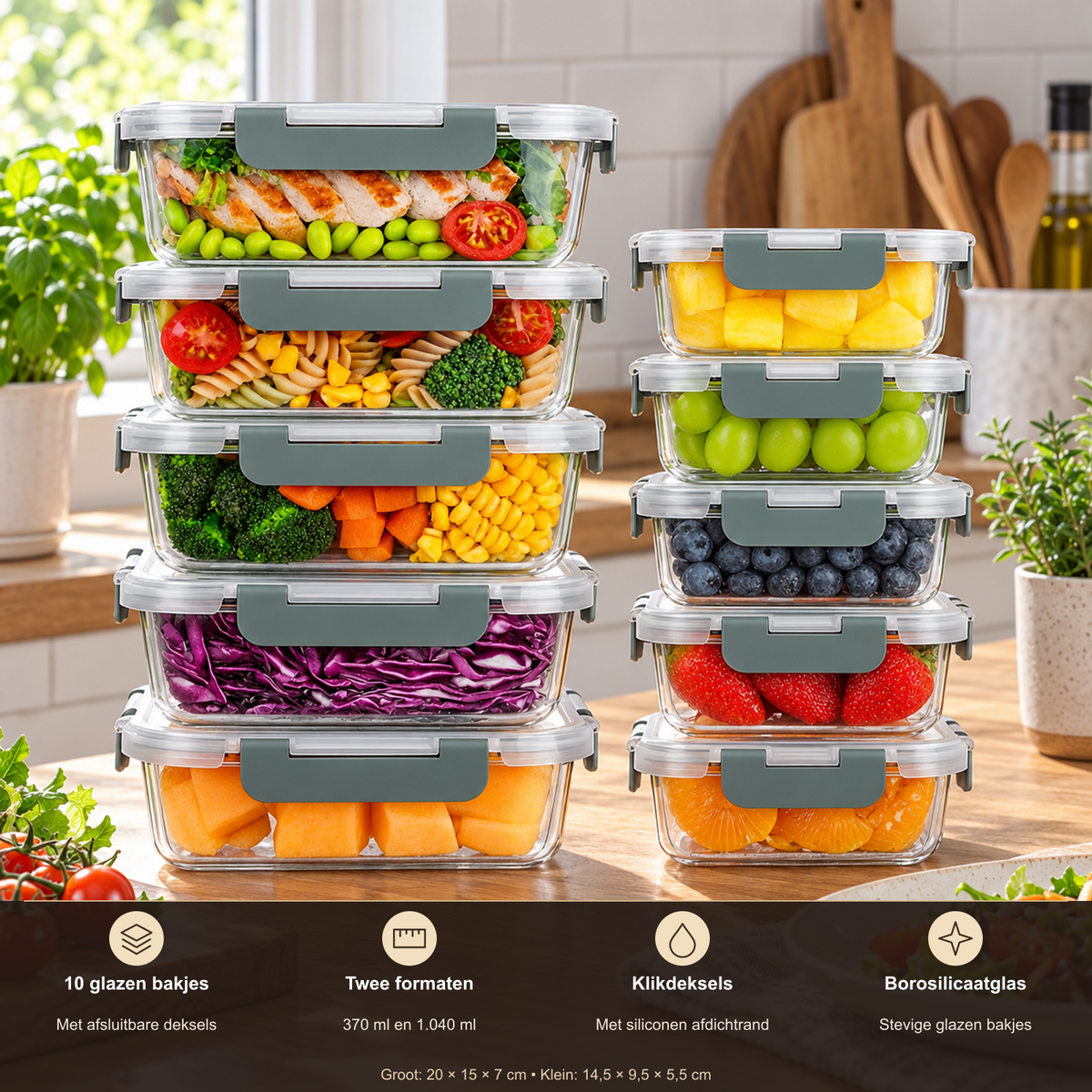 Ceruzo Glazen Meal Prep Bakjes met Deksel – 10 Stuks – productkenmerken en afmetingen uit de productspecificaties