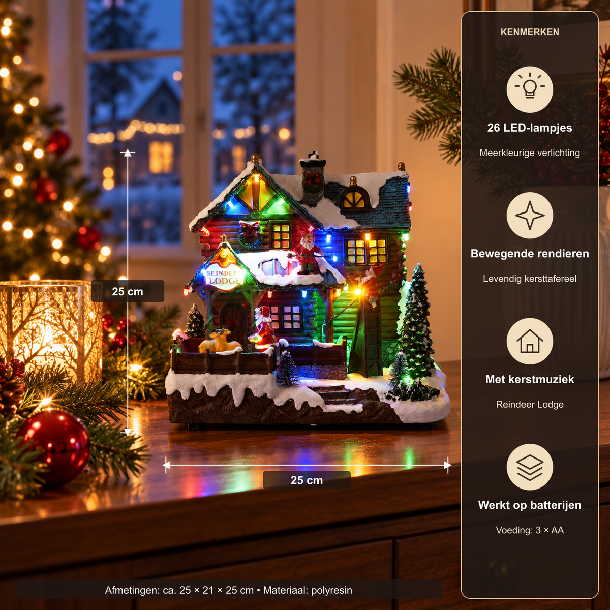 Kersthuis Reindeer Lodge – LED, Muziek en Beweging – productkenmerken en afmetingen uit de productspecificaties