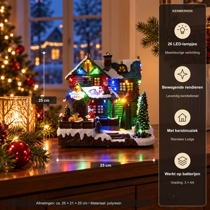 Kersthuis Reindeer Lodge – LED, Muziek en Beweging – productkenmerken en afmetingen uit de productspecificaties
