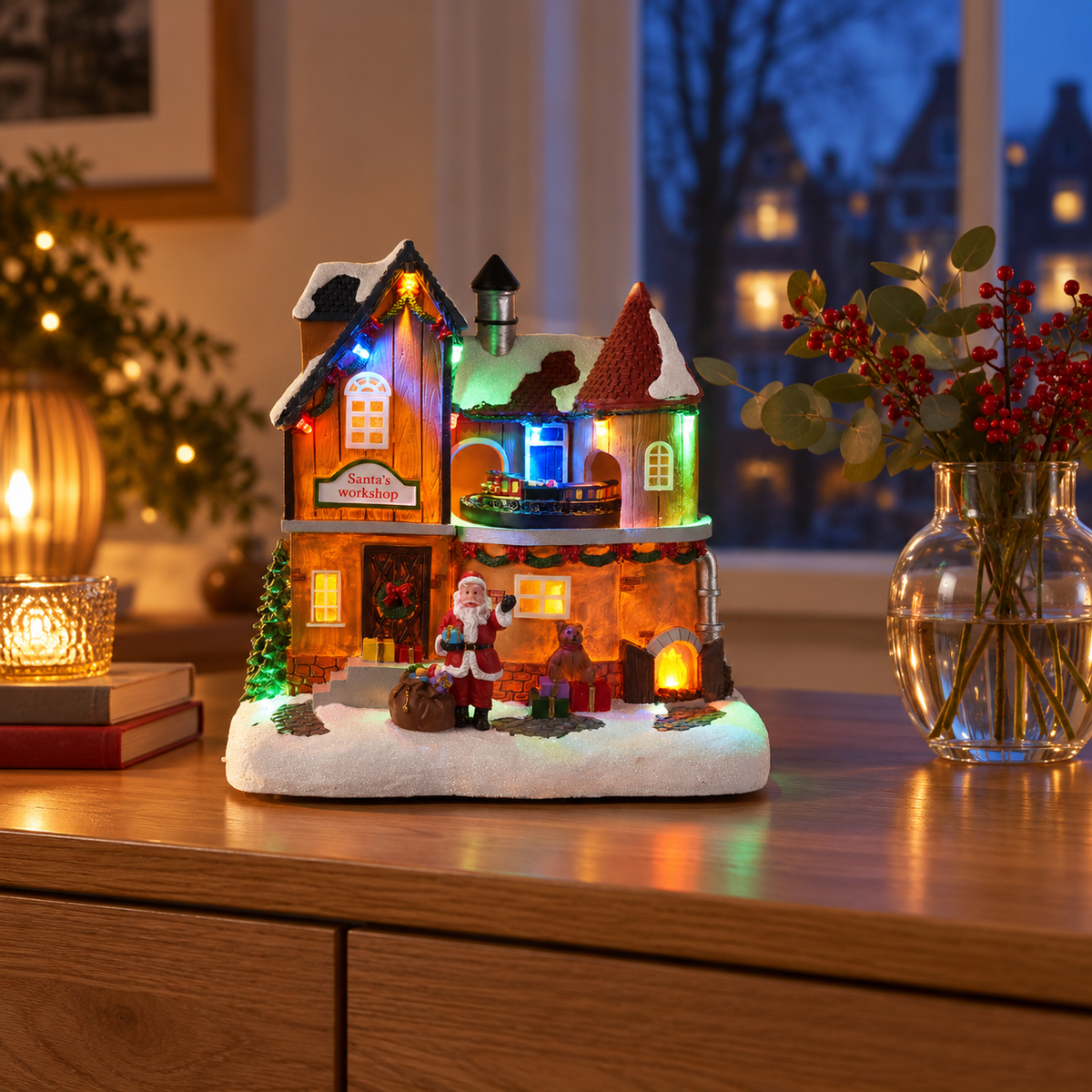 Kersthuis Santa Village – LED en Draaiende Kersttrein in een passende gebruiksomgeving