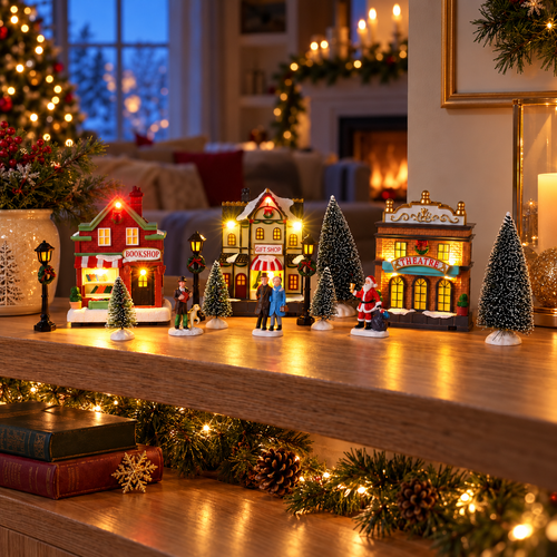 Kerstdorp met verlichte huisjes op het dressoir