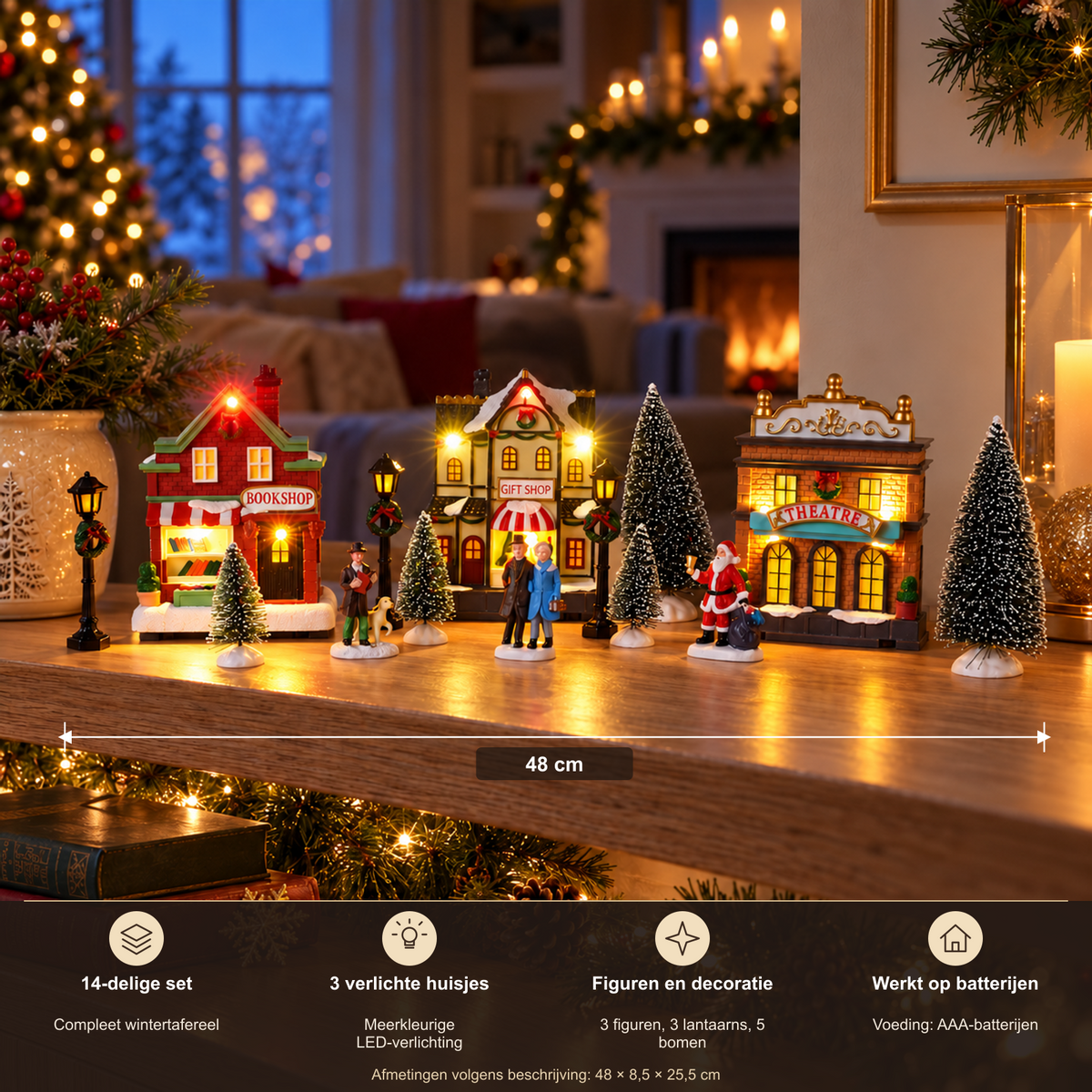 Kerstdorp met Verlichte Huisjes – 14-delig Wintertafereel – productkenmerken en afmetingen uit de productspecificaties