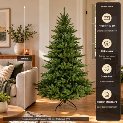 Kunstkerstboom Groen – 150 cm met Metalen Standaard – productkenmerken en afmetingen uit de productspecificaties