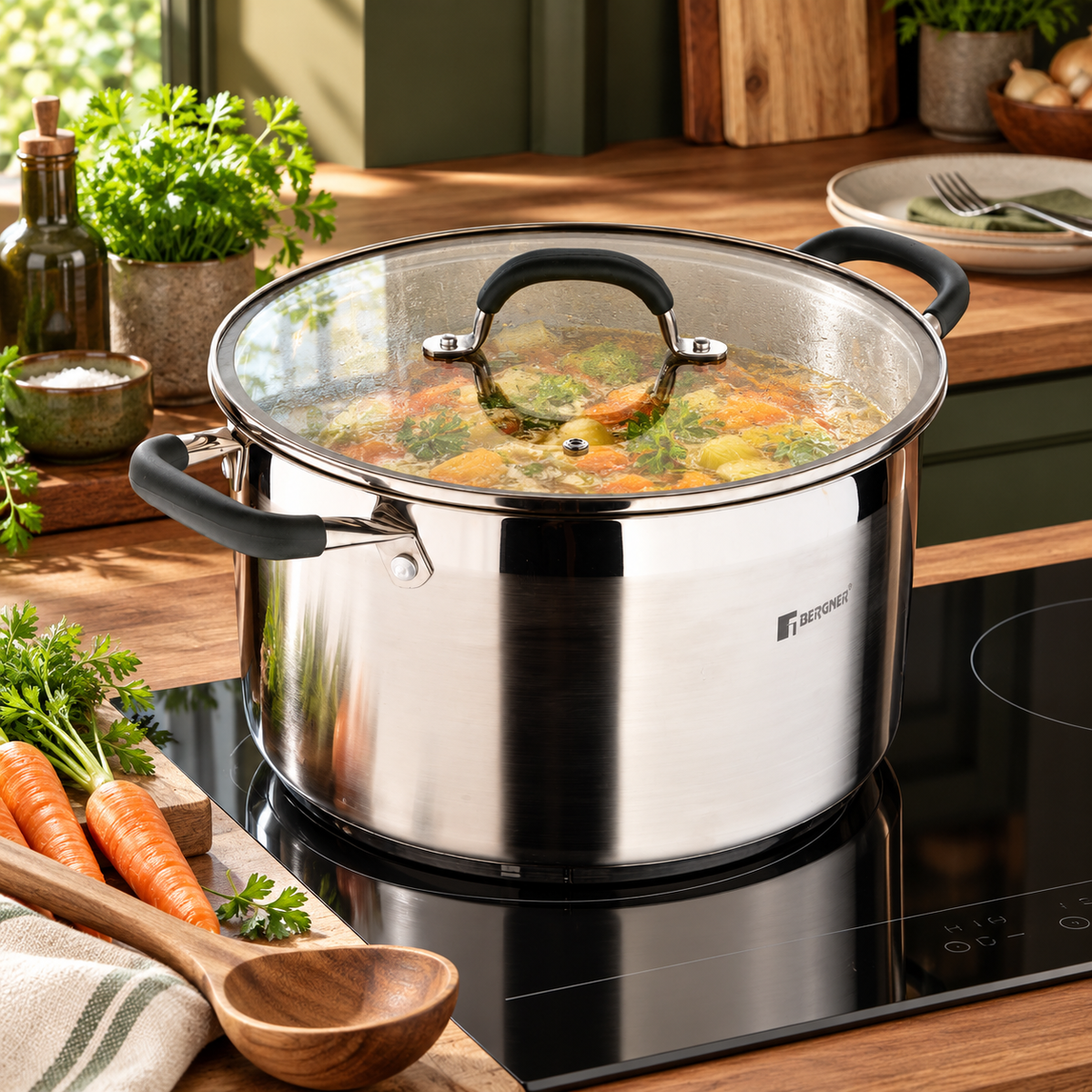 Bergner Midnight RVS Soeppan met Deksel – 28 cm, 9,5 L in een passende gebruiksomgeving