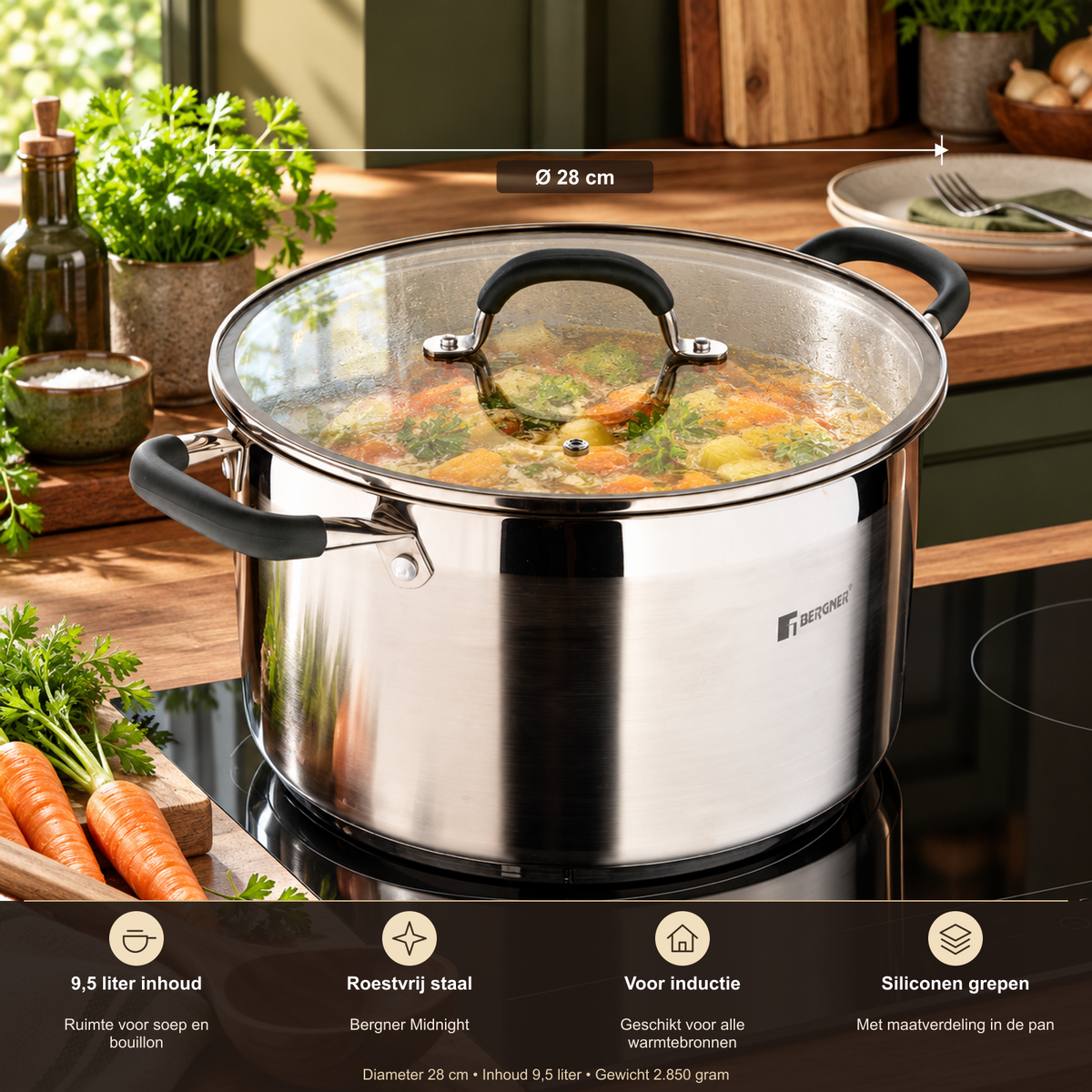 Bergner Midnight RVS Soeppan met Deksel – 28 cm, 9,5 L – productkenmerken en afmetingen uit de productspecificaties