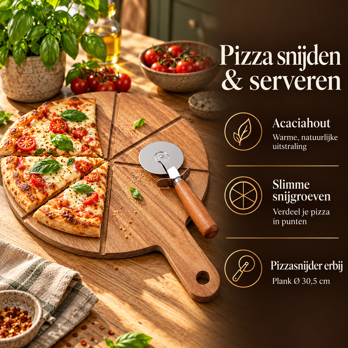 Pizzaplank Acaciahout – Ø 30,5 cm met Pizzasnijder – belangrijkste kenmerken en afmetingen