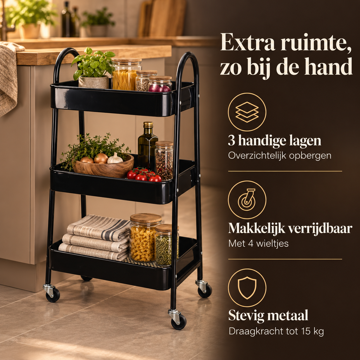 Keukentrolley Zwart – 3 Lagen, Metaal, 80 cm – belangrijkste kenmerken en afmetingen