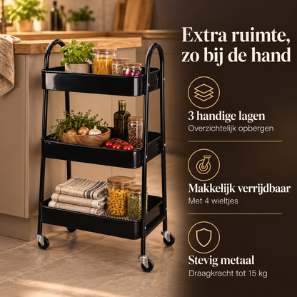Keukentrolley Zwart – 3 Lagen, Metaal, 80 cm – belangrijkste kenmerken en afmetingen