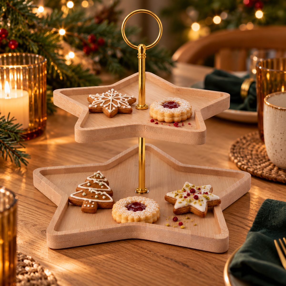 Etagère Kerst – Stervorm, 2 Lagen, Bamboe & Metaal – sfeerfoto in een passende omgeving