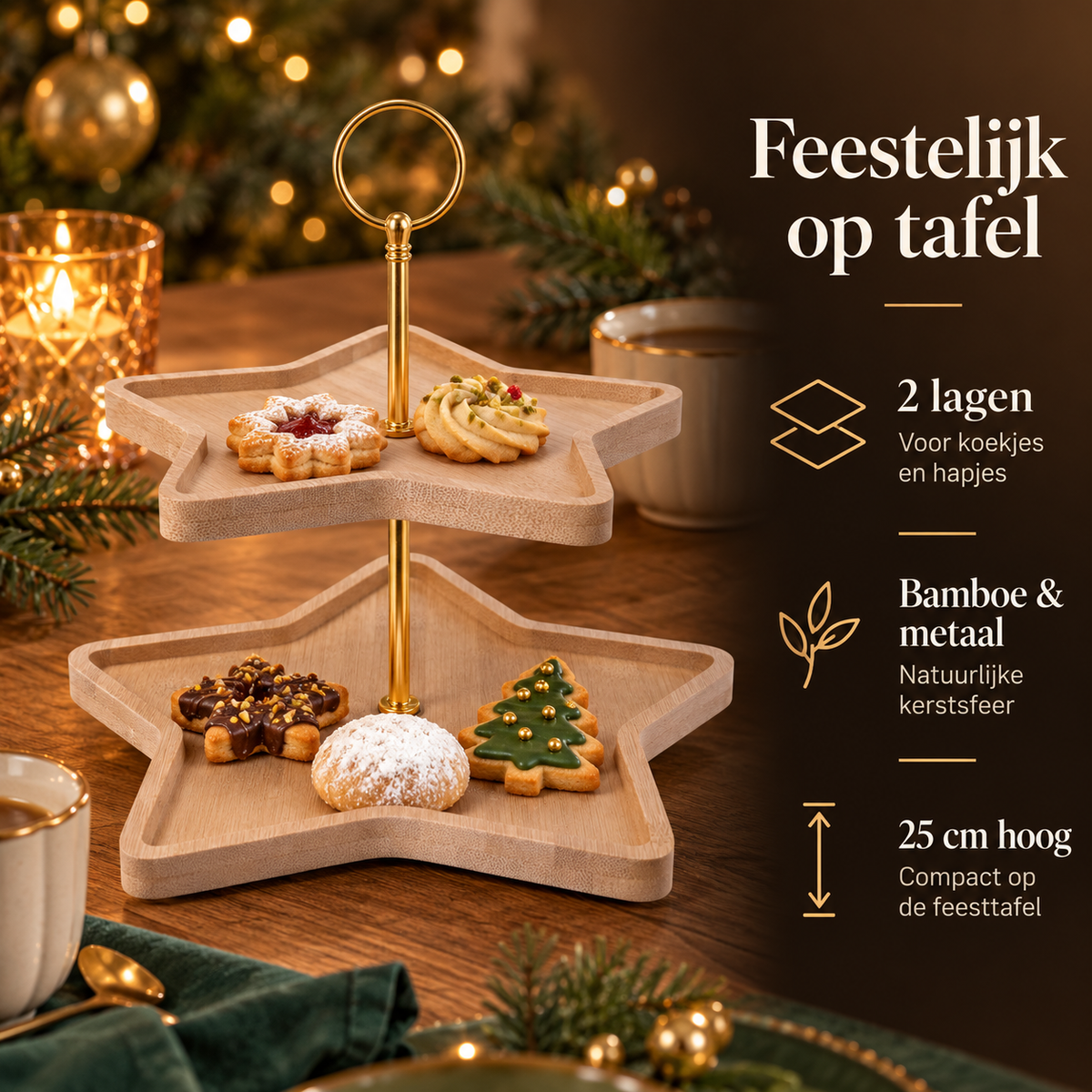 Etagère Kerst – Stervorm, 2 Lagen, Bamboe & Metaal – belangrijkste kenmerken en afmetingen