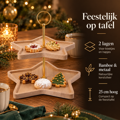 Etagère Kerst – Stervorm, 2 Lagen, Bamboe & Metaal – belangrijkste kenmerken en afmetingen