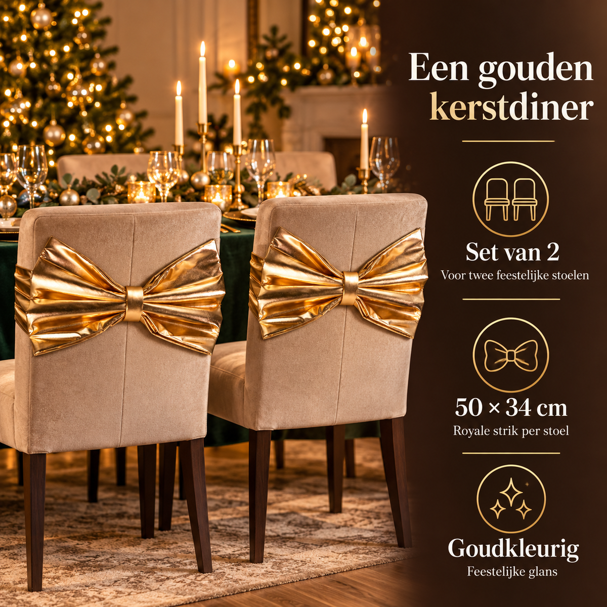 Kerststrik voor Stoel – Goud, Set van 2 – belangrijkste kenmerken en afmetingen