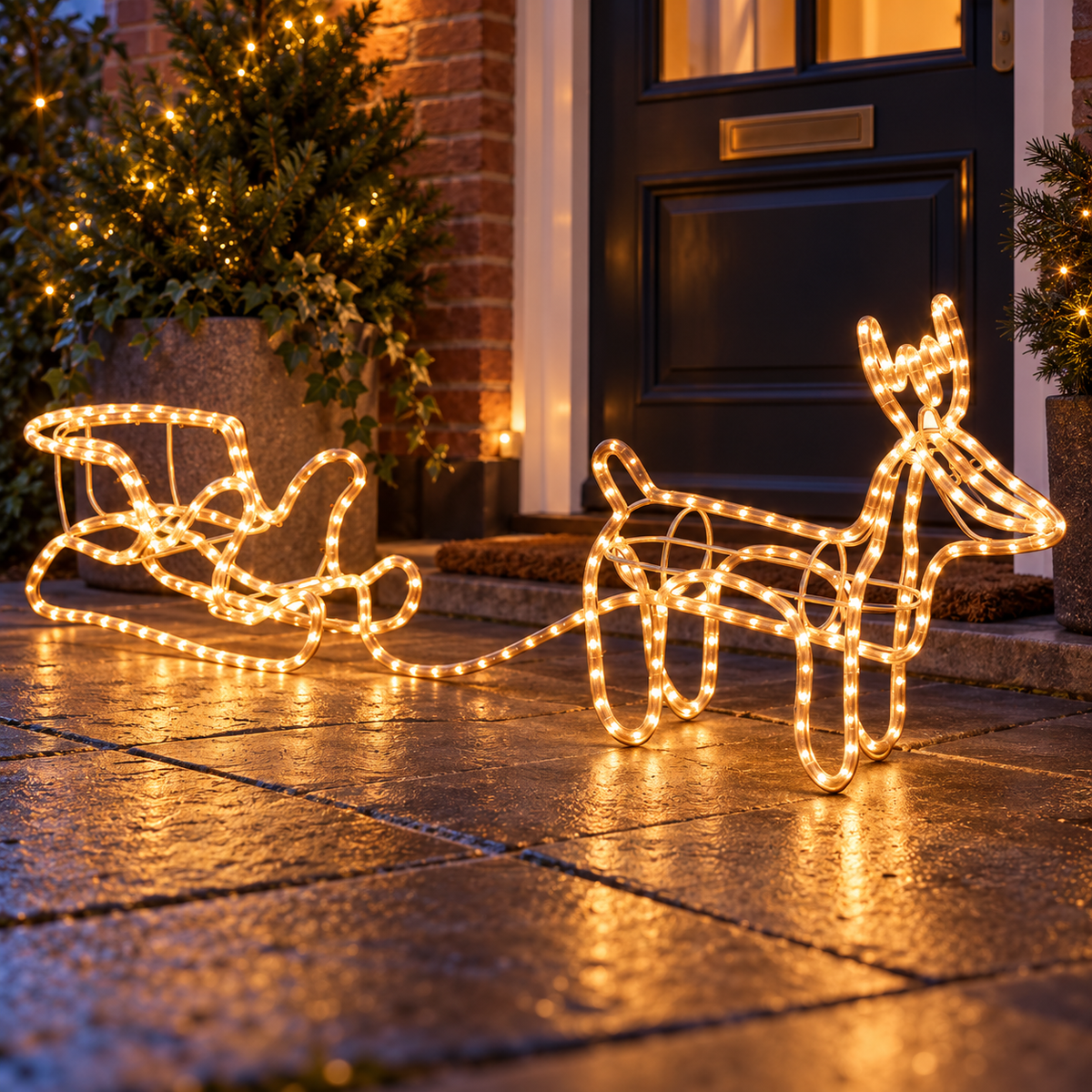 Verlicht Rendier met Arreslee – 324 LED, Warm Wit – sfeerfoto in een passende omgeving