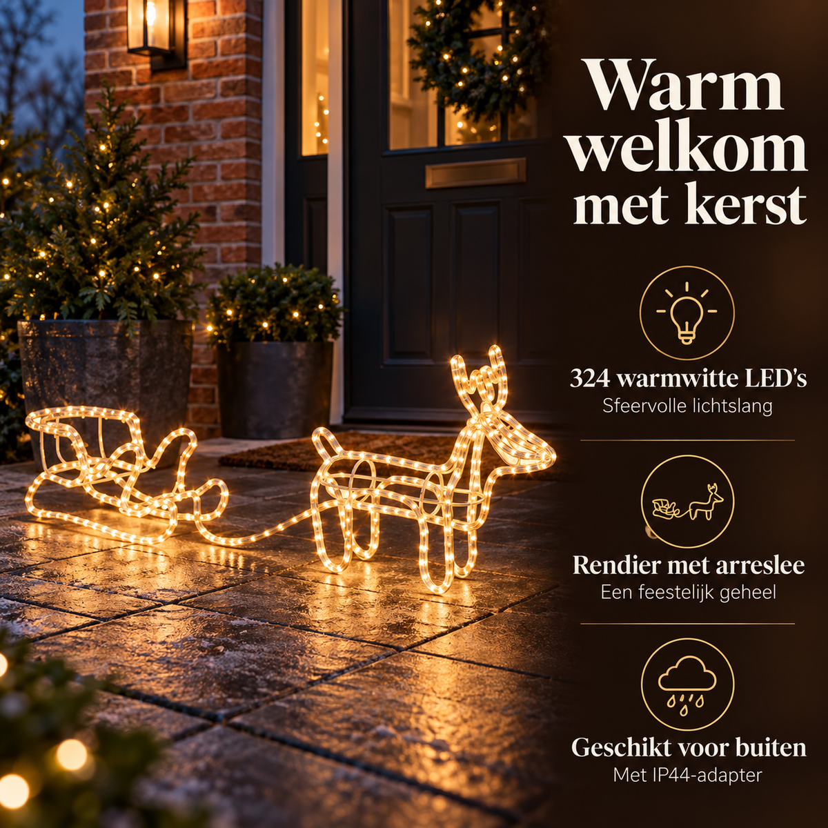Verlicht Rendier met Arreslee – 324 LED, Warm Wit – belangrijkste kenmerken en afmetingen