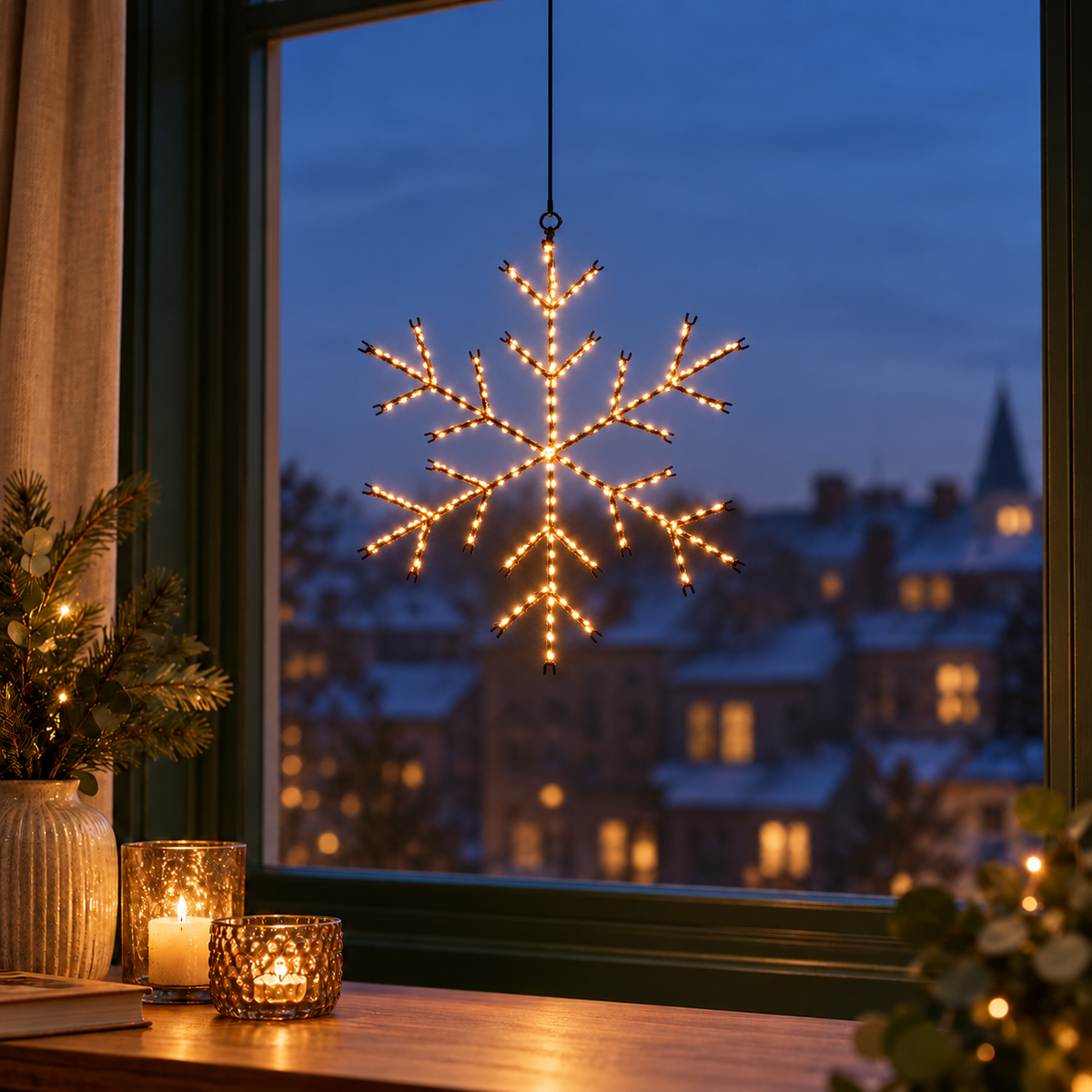 Verlichte Sneeuwvlok – 37 cm, 380 LED, Timer & Dimmer – sfeerfoto in een passende omgeving